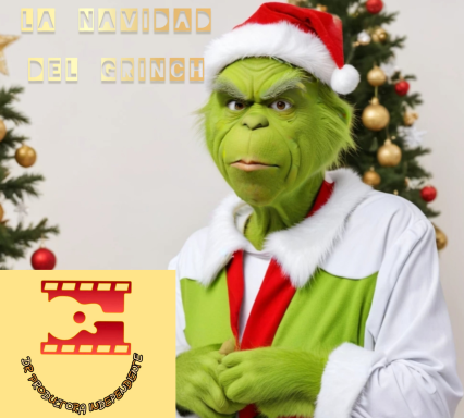 El Grinch vestido de Navidad, con árbol decorado de fondo.